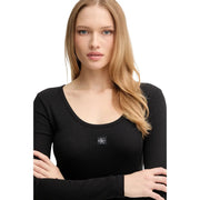 Calvin Klein Jeans T-shirt noir à manches longues en coton côtelé pour femme, col rond et écusson logo sur la poitrine