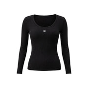 Calvin Klein Jeans T-shirt à manches longues en coton côtelé noir pour femme, col carré et logo blanc sur la poitrine