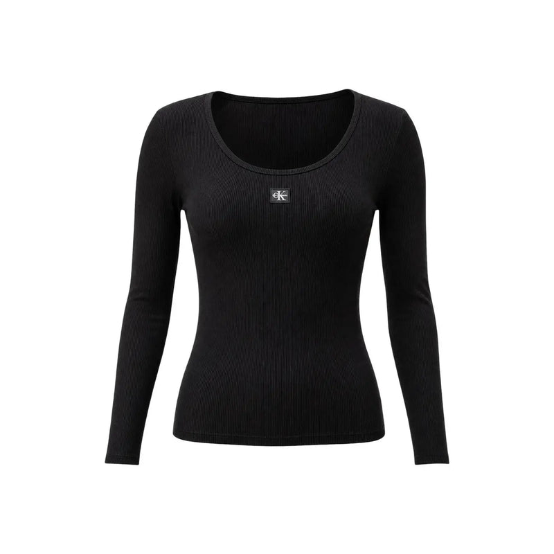 Calvin Klein Jeans T-shirt à manches longues en coton côtelé noir pour femme, col carré et logo blanc sur la poitrine