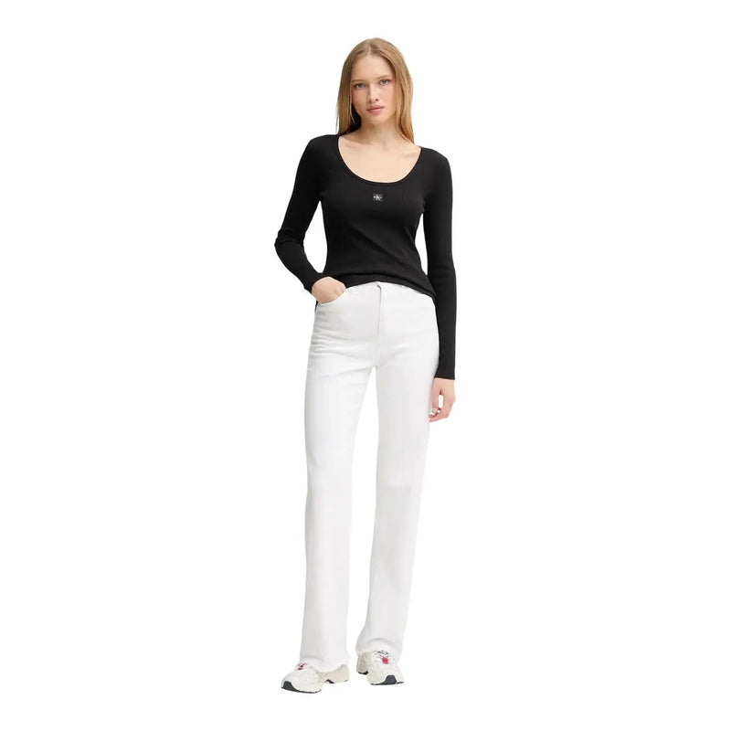 Calvin Klein Jeans T-shirt noir à manches longues en coton pour femme, col rond et logo brodé discret sur la poitrine