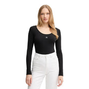 Body noir en coton côtelé à manches longues avec petit logo brodé sur la poitrine de Calvin Klein Jeans Collection Femme