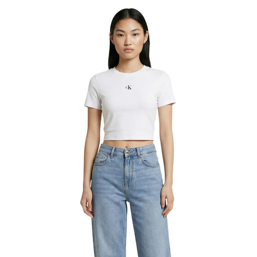White cropped cotton t-shirt with small black ck logo on chest by calvin klein jeans women