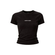 Noir Calvin Klein Jeans femmes coupées t-shirt avec un col rond en coton côtelé et un logo blanc