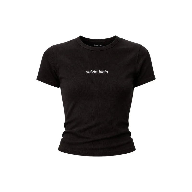 Noir Calvin Klein Jeans femmes coupées t-shirt avec un col rond en coton côtelé et un logo blanc