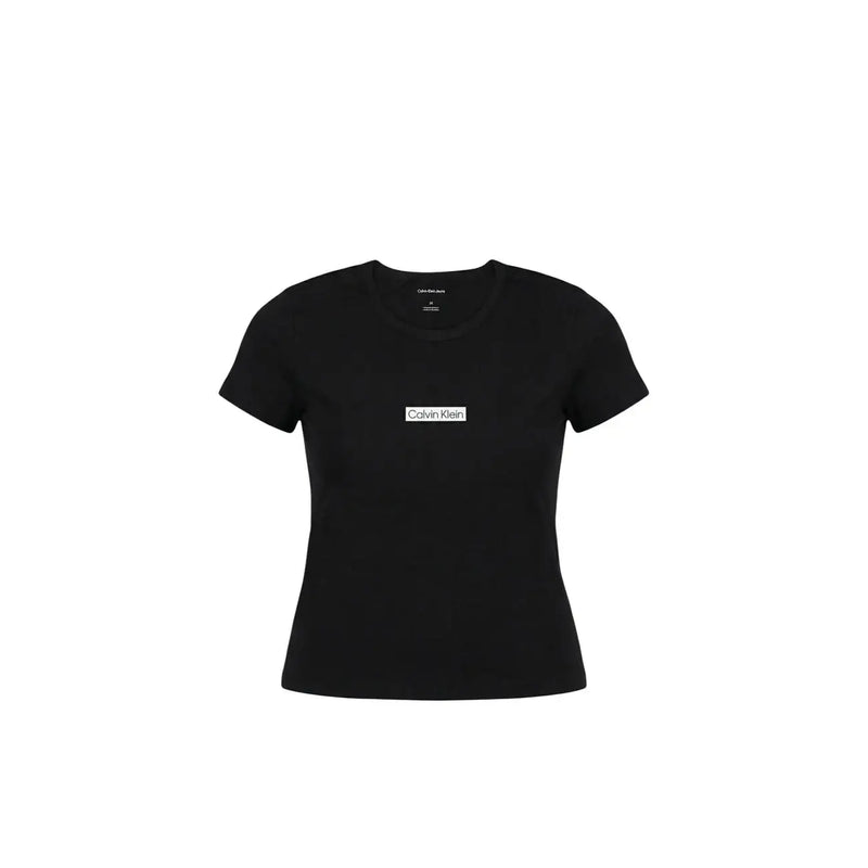 Black Calvin Klein Jeans women short-sleeved cotton t shirt with a white rectangular logo on the chest