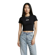 Calvin Klein Jeans women black cotton cropped round neck t shirt with white rectangular logo patch on chest