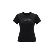 Calvin Klein Jeans T-shirt court classique en coton noir pour femme, avec inscription Calvin Klein blanche sur la poitrine