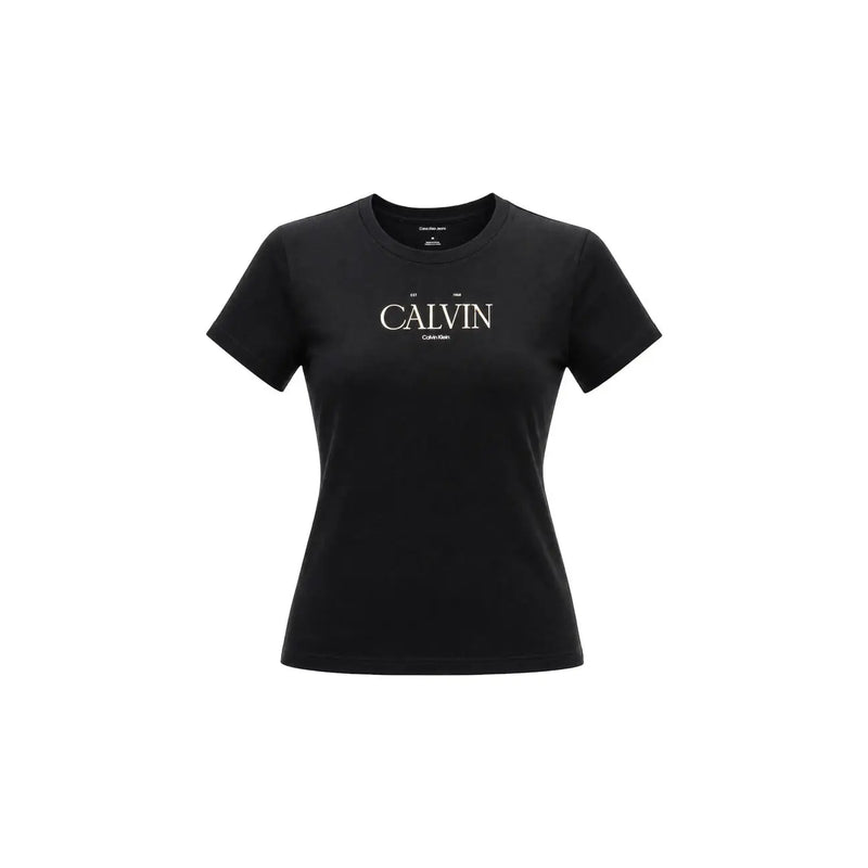 Calvin Klein Jeans T-shirt court classique en coton noir pour femme, avec inscription Calvin Klein blanche sur la poitrine