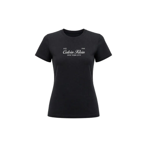 Black Calvin Klein Jeans women cotton short t shirt with white est print featuring a classic design