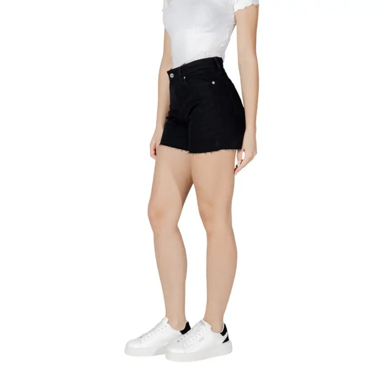 Calvin Klein Jeans Short noir en coton taille haute pour femme, ourlet effiloché