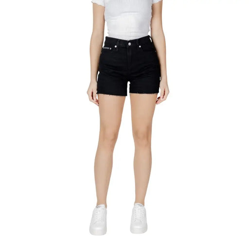 Calvin Klein Jeans women black high-waisted cotton denim shorts with frayed hem and silver-toned hardware
