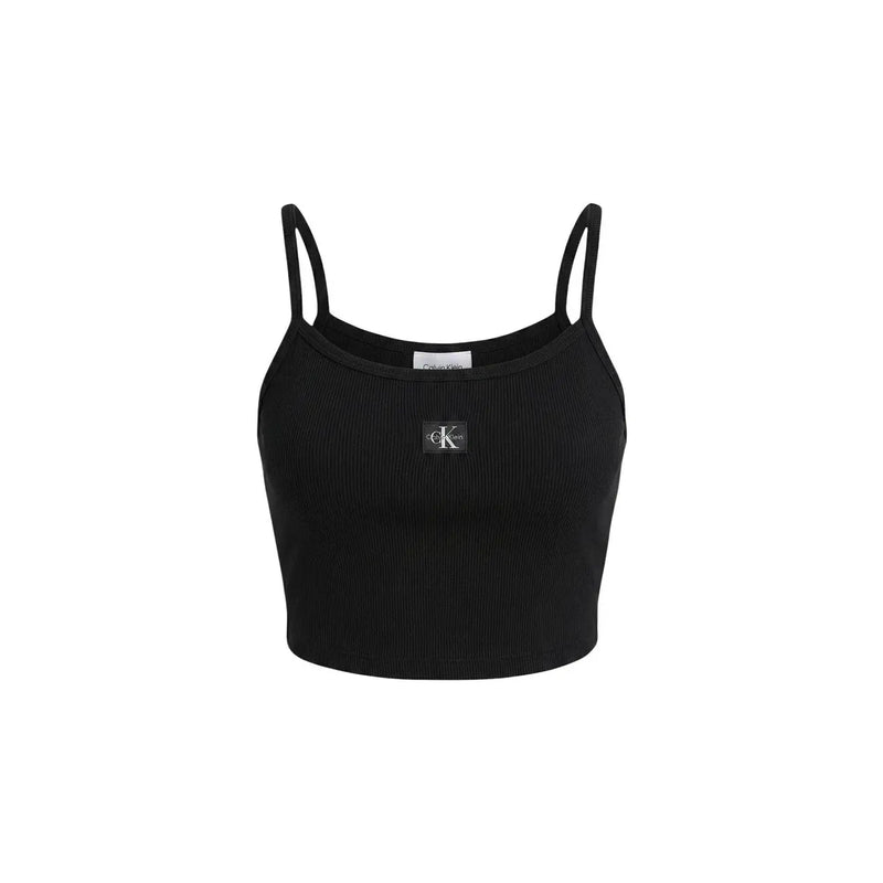 Calvin Klein Jeans crop top côtelé en coton noir pour femme top avec de fines bretelles et un petit logo sur le devant