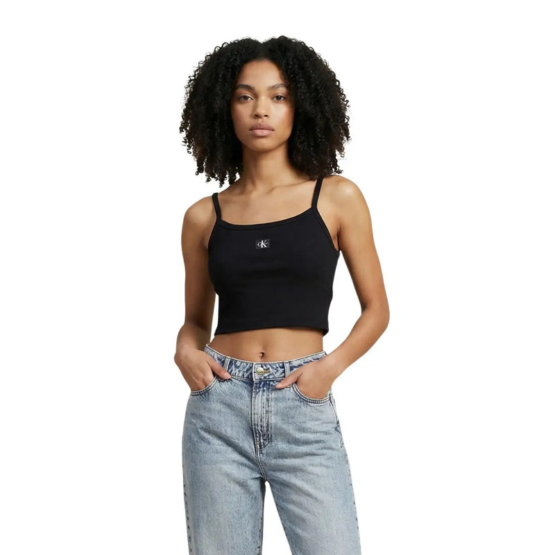 Calvin Klein Jeans débardeur court en coton noir pour femme top avec des bretelles fines et un petit logo brodé sur la poitrine