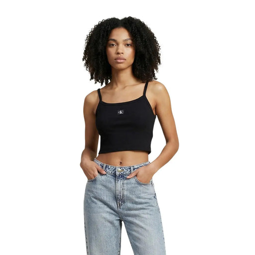 Calvin Klein Jeans débardeur court en coton noir pour femme top avec des bretelles fines et un petit logo brodé sur la poitrine