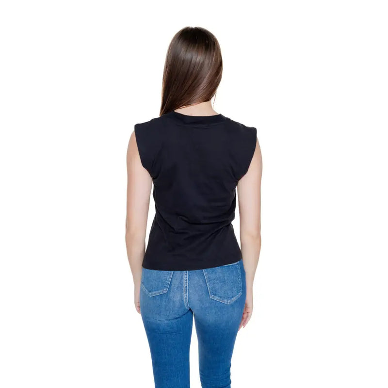 Calvin Klein Jeans women black cotton sleeveless top with fitted silhouette and rolled-up shoulder design