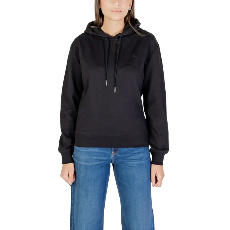 Calvin Klein Jeans Sweat-shirt à capuche noir pour femme avec broderie discrète sur la poitrine et cordons de serrage argentés