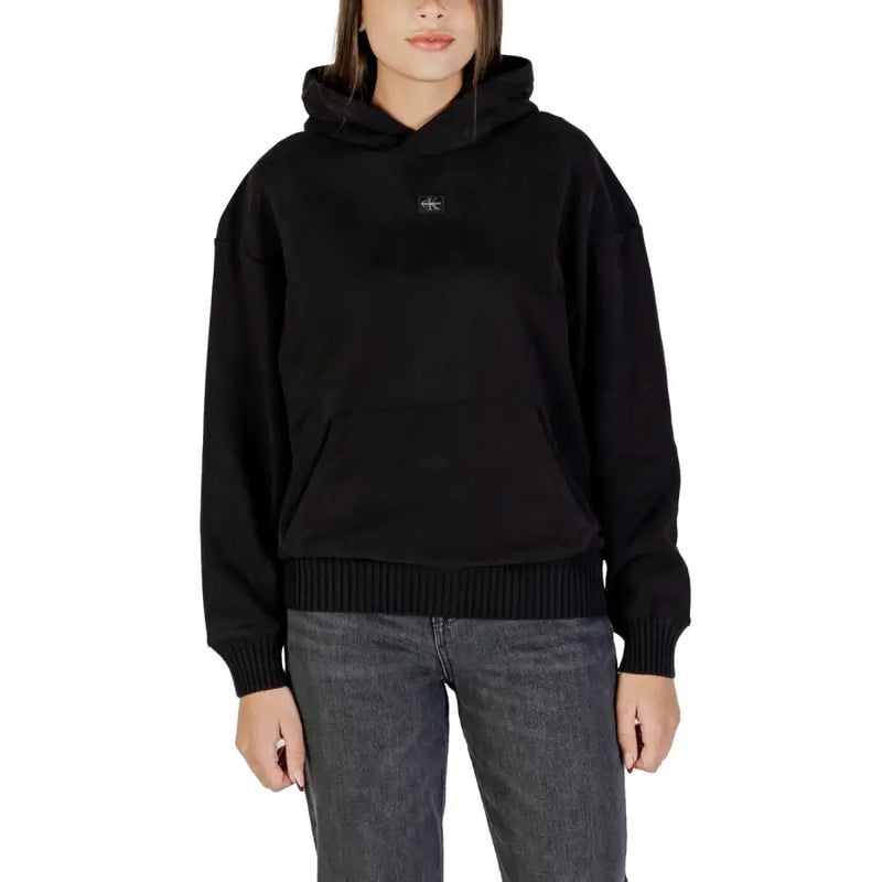 Calvin Klein Jeans women black hooded sweatshirt with ribbed cuffs and hem featuring small embroidered logo on chest