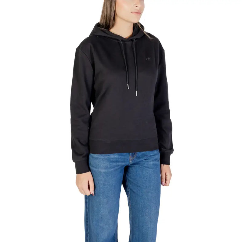 Calvin Klein Sweat-shirt à capuche noir pour femme avec logo discret et cordons de serrage blancs