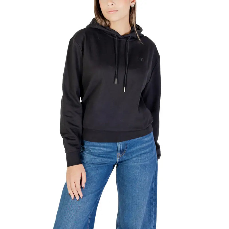 Calvin Klein Jeans Sweat-shirt à capuche noir pour femme, en mélange de coton, avec logo brodé discret et cordons de serrage assortis.