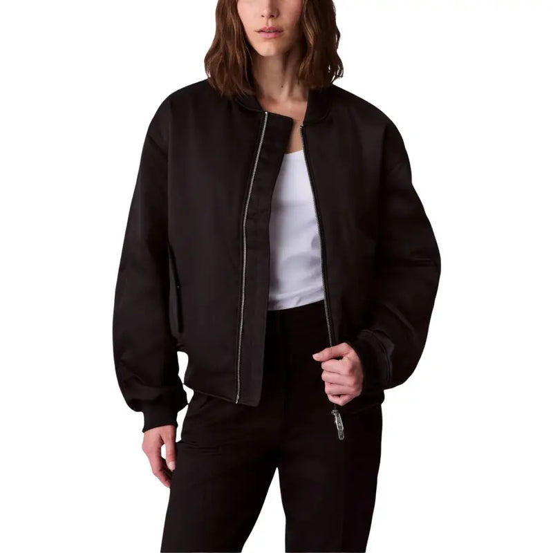 Calvin Klein Jeans Blouson aviateur noir en polyester pour femme, finition mate, fermetures éclair argentées