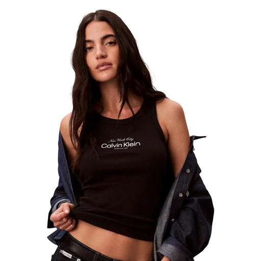 Noir Calvin Klein Jeans débardeur sans manches à col rond pour femme top avec la ville de New York blanche et Calvin Klein caractères