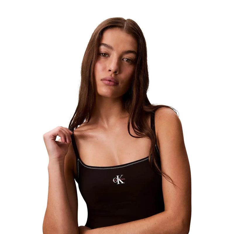Calvin Klein Jeans women black nylon elastane swimsuit with black tank top featuring white logo and stitched trim