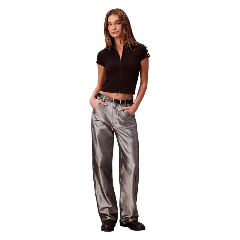 Calvin klein jeans women black viscose round neck t shirt paired with shiny metallic gray wide-leg modern pants