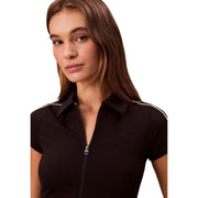 Calvin Klein Jeans women black viscose polo shirt with short sleeves white piping and front zipper closure