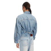 Calvin Klein Jeans women blue cotton blazer with light blue denim, subtle leopard print, front pockets, and brown leather patch