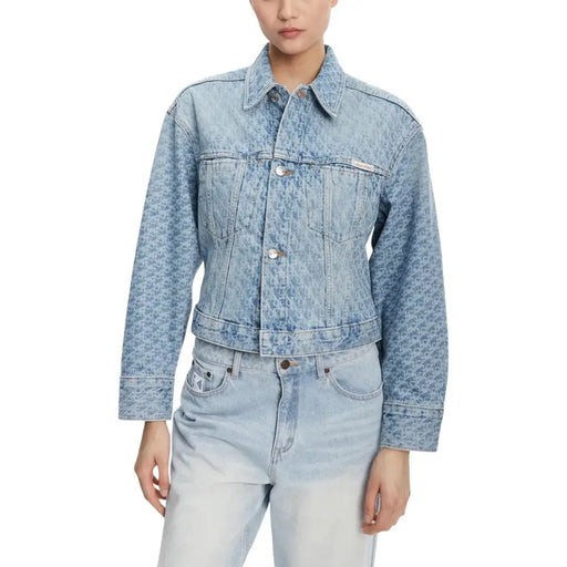 Calvin Klein Jeans women blue cotton blazer denim jacket with subtle leopard print and front pockets