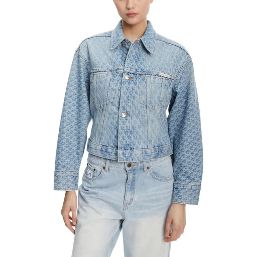 Calvin Klein Jeans women blue cotton blazer denim jacket with subtle leopard print and front pockets