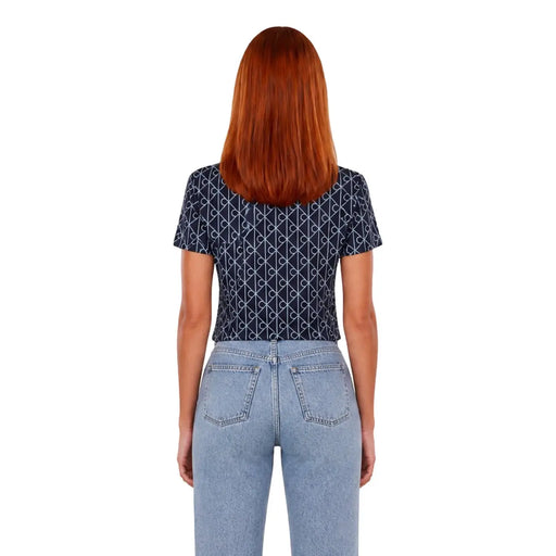 bleu marine Calvin Klein Jeans T-shirt en coton pour femme, à manches courtes et à motif géométrique blanc.