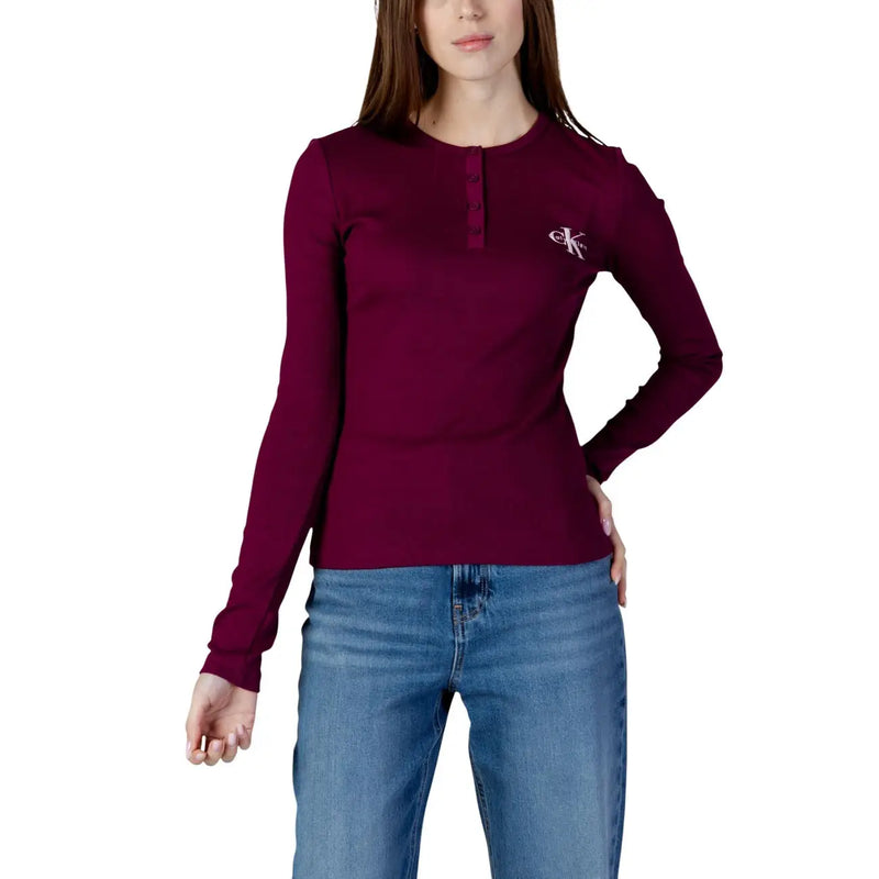 aux femmes Calvin Klein Jeans Henley en coton à manches longues bordeaux top avec une broderie discrète sur la poitrine