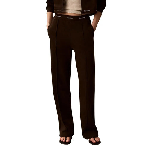 Calvin Klein Jeans Pantalon large en coton marron pour femme, coupe droite élégante et logo brodé à la taille