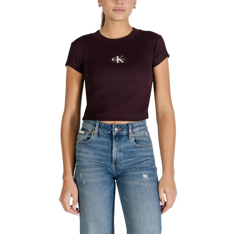 Calvin Klein coton marron à manches longues pour femme t-shirt avec logo brodé