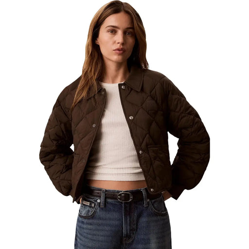 Veste matelassée en nylon marron Calvin Klein Jeans pour femme, col classique et fermeture boutonnée, vue de face