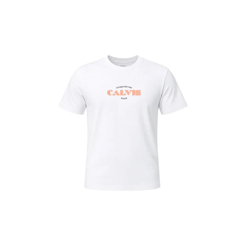 Blanc Calvin Klein Jeans T-shirt à manches courtes en coton pour femme, orné du logo « Peach Established 1988 » sur la poitrine.