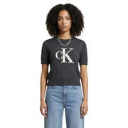 Dark gray short-sleeved cotton knit top with white ck logo across the chest by Calvin Klein Jeans women