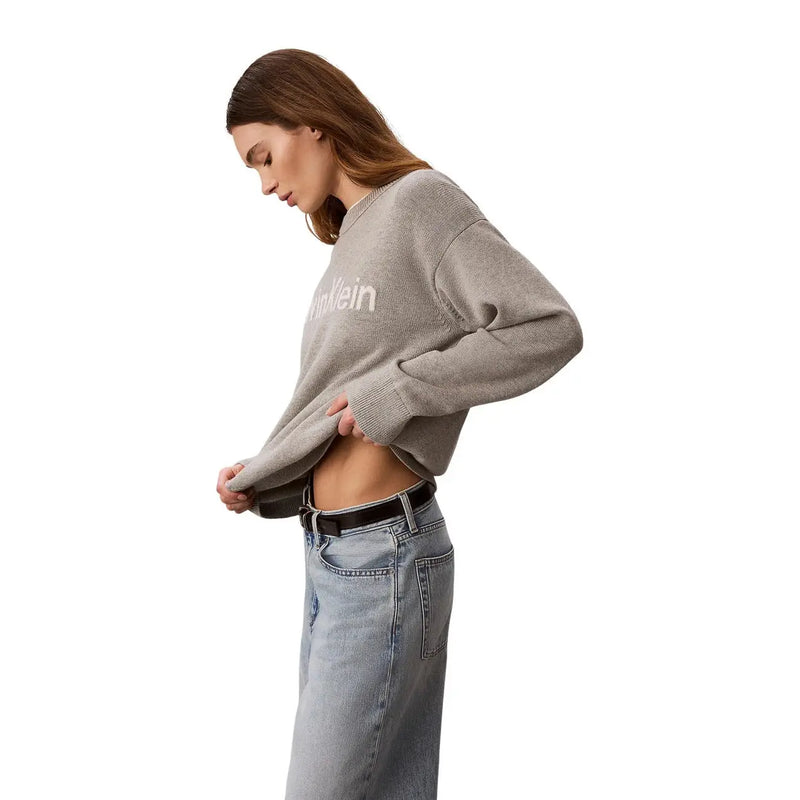 Gris Calvin Klein Jeans Pull en maille de coton pour femme avec logo blanc et poignets côtelés, style sweat-shirt