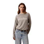 Calvin Klein Jeans Pull en maille de coton gris pour femme, avec logo brodé blanc sur la poitrine