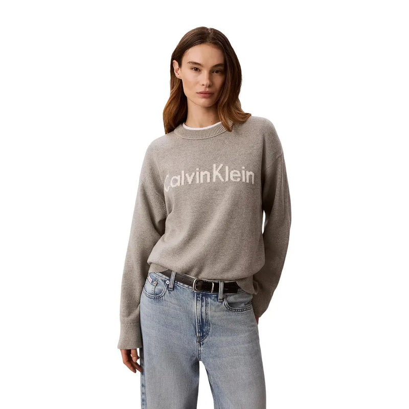 Calvin Klein Jeans Pull en maille de coton gris pour femme, avec logo brodé blanc sur la poitrine