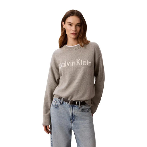 Calvin Klein Jeans Pull en maille de coton gris pour femme, avec logo brodé blanc sur la poitrine