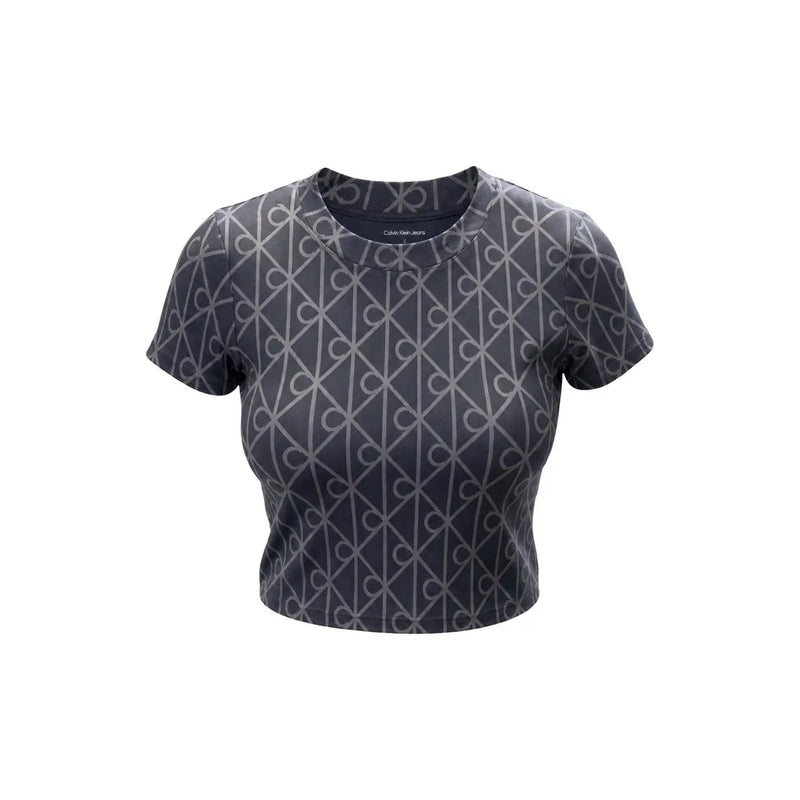 Calvin Klein Jeans T-shirt gris en coton pour femme, col rond, manches courtes et motif logo géométrique argenté