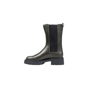 Calvin Klein Jeans women grey leather ankle boots with dark olive green leather chelsea design and chunky rubber sole