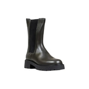 Calvin Klein Jeans women grey leather ankle boots with dark olive green leather chelsea boot design and black rubber sole