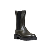 Calvin Klein Jeans women grey leather ankle boots with dark olive green leather chelsea boot design and black rubber sole