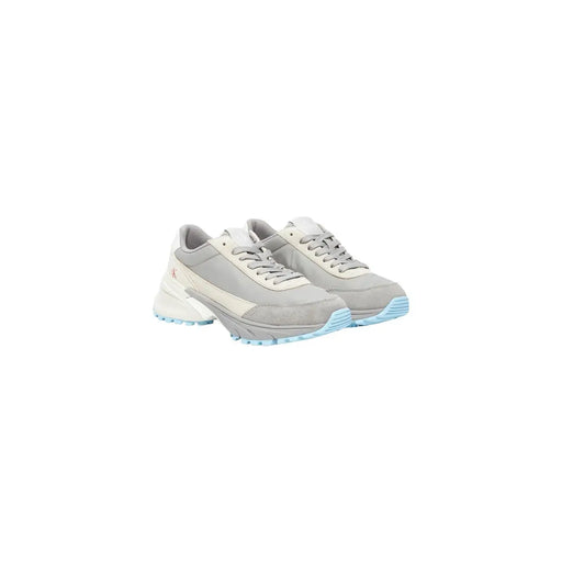 Calvin Klein Jeans Baskets en cuir gris pour femme, avec tige en daim gris et bleu clair et semelle épaisse en caoutchouc