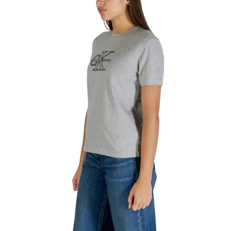 Gray heathered calvin klein jeans women cotton t-shirt with black embroidered logo on chest front