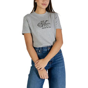 Calvin Klein Jeans women grey cotton t-shirt with black outlined CK logo and calvin klein text on the chest