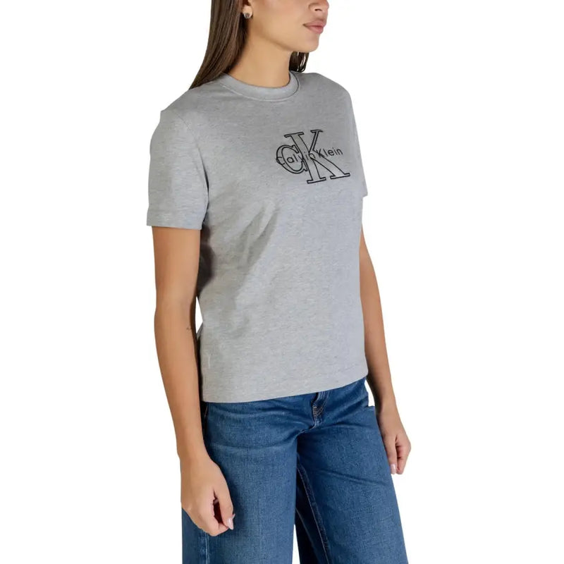 Gray Calvin Klein Jeans women cotton t-shirt with black embroidered logo on the chest in a casual style